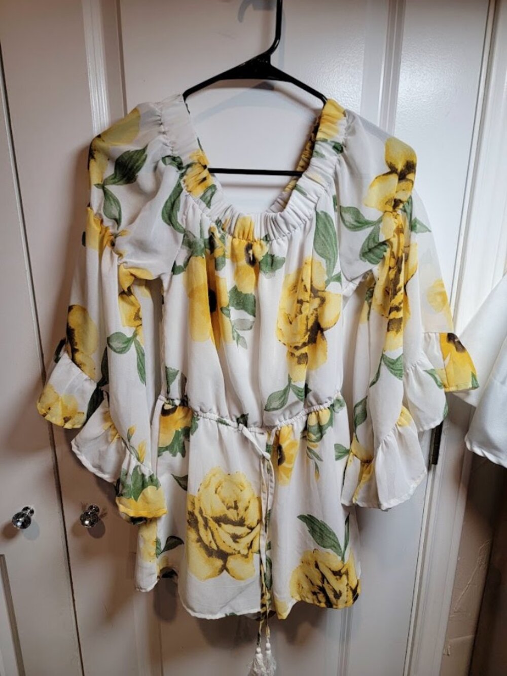 Yellow Rose Floral Romper White Boho Bell Sleeve Off Shoulder Tie Waist Playsuit